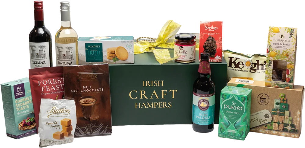 Craft Essentials: a green Irish Craft Hampers gift box with red and white wine, shortbread, mince pies, chocolate and tea