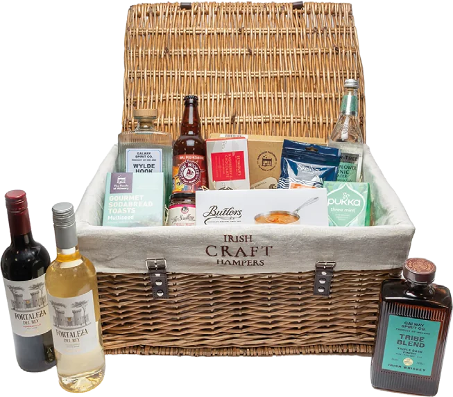 Gourmet Selections: a lined wicker hamper with whiskey, gin, wine, chutney and chocolate
