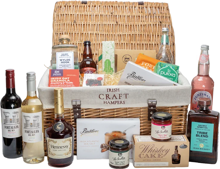 Luxury Collection: a large wicker hamper with Hennessy, gin, wine, whiskey cake and Butlers chocolates
