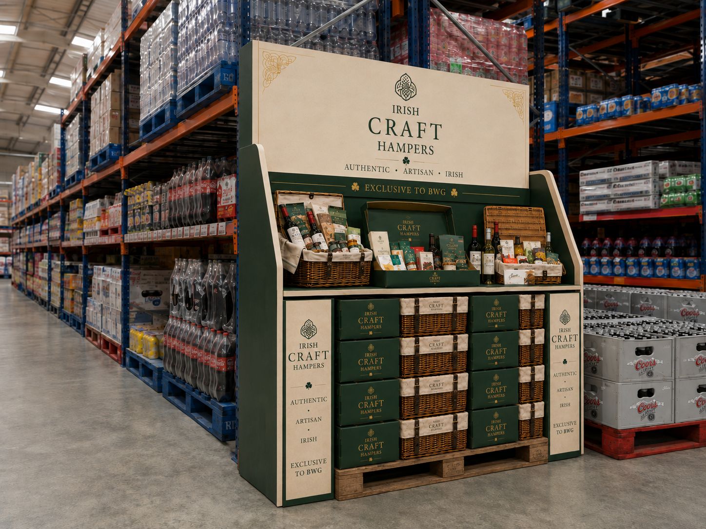 The Irish Craft Hampers promotional stand at the end of a warehouse aisle